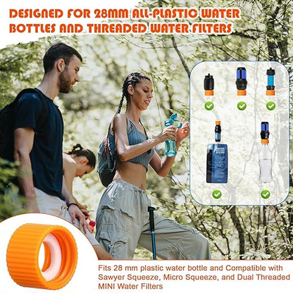 Gerrii 2 Pcs Water Filter Coupling Kit Compatible with SP150, 28 mm Threaded Filtration Couplings for Standard Plastic Bottles, Cleaning Couplers with Gasket Seals for Hiking, Camping (Orange)