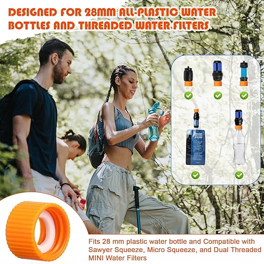 Gerrii 2 Pcs Water Filter Coupling Kit Compatible with SP150, 28 mm Threaded Filtration Couplings for Standard Plastic Bottles, Cleaning Couplers with Gasket Seals for Hiking, Camping (Orange)