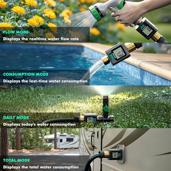 RESTMO Smart Water Flow Meter with Screen Backlight, APP Control | Brass Inlet & Outlet, Measuring Gallon/Liter Consumption & Flow Rate for Garden Watering, RV Filling, Sprinklers & Nozzle