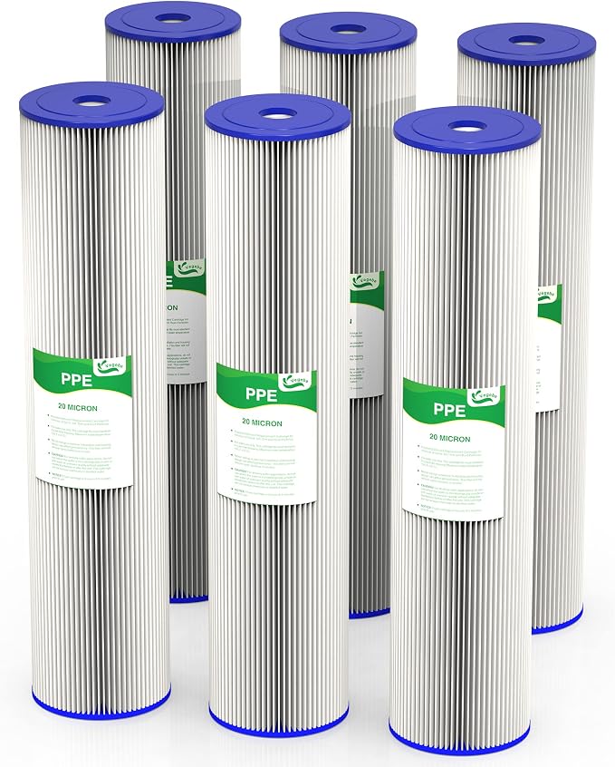 20 Micron 20-Inch Heavy Duty Whole House Water Filter Replacement Cartridge, Pleated Sediment Water Filters 4.5" x 20" for Well Water, Compatible with ECP5-20BB, R30-20BB, SPC-45-2050, 6 Pack