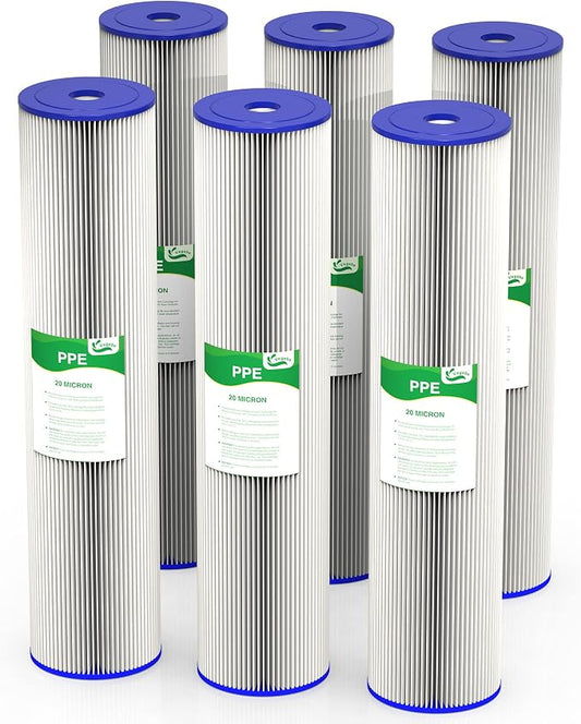 20 Micron 20-Inch Heavy Duty Whole House Water Filter Replacement Cartridge, Pleated Sediment Water Filters 4.5" x 20" for Well Water, Compatible with ECP5-20BB, R30-20BB, SPC-45-2050, 6 Pack
