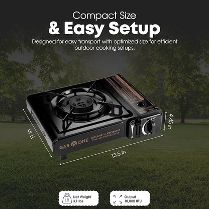 GasOne 10,000 BTU Dual Fuel Camp Stove – Butane and Propane Burner Portable Stove Camping Grill with Adjustable Heat Dial, Carry Case, Automatic Electric Ignition – Safe and Durable Construction