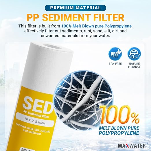 Max Water 10-Inch 1-Stage Whole House Water Filtration System with Clear Housing and 5-Micron Polypropylene Sediment Filter - Ideal for RVs, Well Water, and Boilers