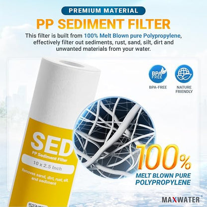 Max Water 10-Inch 1-Stage Whole House Water Filtration System with Clear Housing and 5-Micron Polypropylene Sediment Filter - Ideal for RVs, Well Water, and Boilers