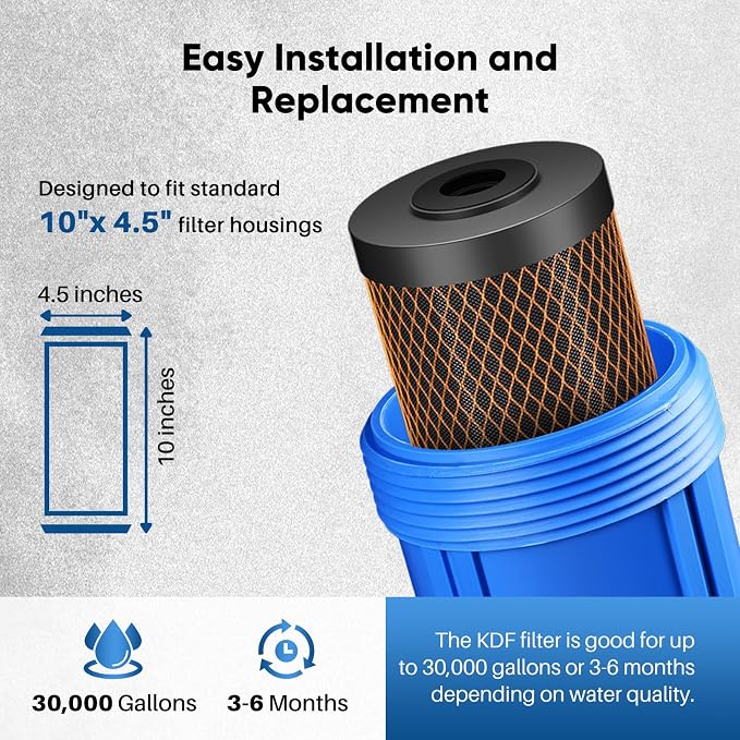 PUREPLUS 1 Micron 10" x 4.5" Whole House Coconut Shell Activated Carbon and KDF Water Filter, Heavy Metal Removal Replacement Water Filter, Compatible with GXWH40L, GXWH35F, BB10, CTO10BB-KDF, 1 PACK
