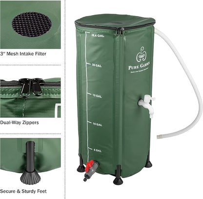 Rain Barrel - 26.4-Gallon/100-Liter Collapsible Water Container for Catching Rainwater - Portable Water Tank with Spigot by Pure Garden (Green
