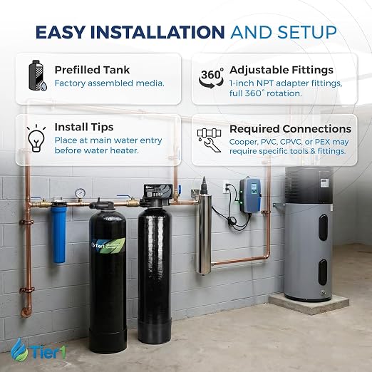 Tier1 32,000 Grain Water Softener & Chloramine Reduction Filter | Whole House 3-in-1 with Catalytic Carbon Filtration & Sediment Pre-Filter | Ideal for 1–2 Bathroom Homes | Metered Valve Control