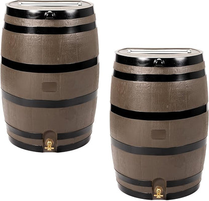 RTS Home Accents 50-Gallon Rain Barrel with Link Kit, Flat Back Rain Water Collection Barrel, Link Kit Included, Woodgrain with Black Stripes (2 Pack)
