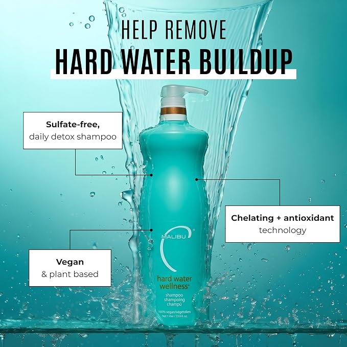 Malibu C Hard Water Wellness Shampoo - Hydrating, Sulfate-Free Hair Care for Hard Water - Removes Minerals and Buildup (33.8 oz)