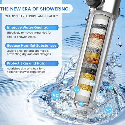 PWERAN Filtered Shower Head with Handheld, High Pressure 3 Spray Mode Showerhead with 18 Stage Water Softener Filters for Hard Water - Remove Chlorine-BLACK
