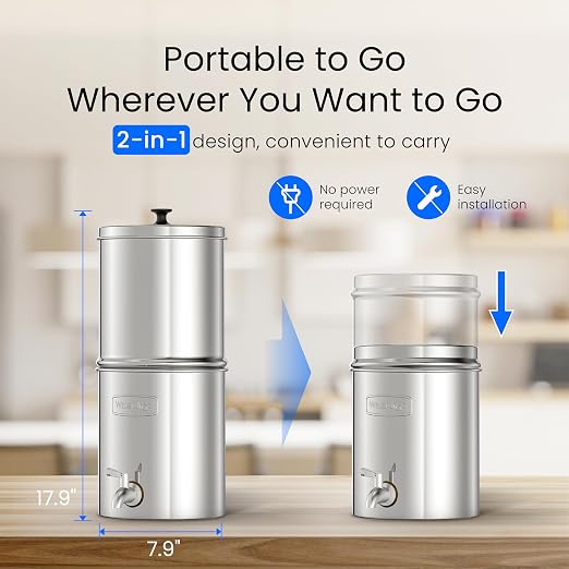 Waterdrop TK15-A-FS Gravity Water Filter System, NSF/ANSI 42&372 Certified | Reduce Chlorine, Stainless-Steel Water System with 4 Filters, Metal Spigot and Stand for Home, Travel, Emergencies, 1.5G