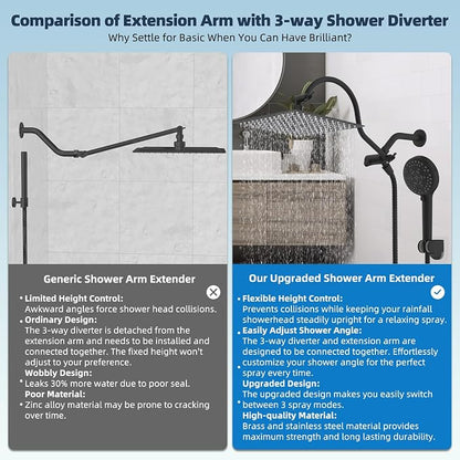 Hibbent 12'' All Metal CUPC Certified Shower Head, High Pressure Rainfall Shower Head, Handheld Showerhead Combo, 12'' Adjustable Extension Arm, 10-Spray, 71'' Hose, Showerhead Holder, Matte Black