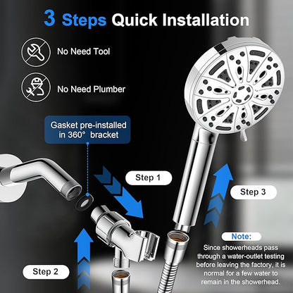 Filtered Handheld Shower Head, 9 Spray Modes High Pressure, 3 Replacement Filters Included, Hard Water Softener 20-Stage Filtration, Remove Chlorine, Relieve Dry Itchy Skin, 3 Filters-Chrome