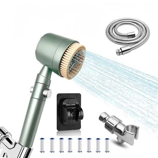 2026Version Turbocharged High Pressure Filtered Shower Head with Handheld & Outlet Soft Brush - 6 Spray Modes, 5-Stage Filtration System, 59" Hose - Chlorine & Hard Water Filter (8 filter cartridges)
