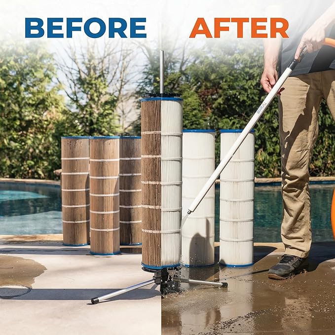 CYCLONE FILTER CLEANER – Patented Hose-Powered Spinning Pool Cartridge Filter Cleaning Tool with Stand & Spray Wand – Cleans 5X Faster – Fits 3”, 4”, 6” ID Filters