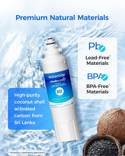 Waterdrop 𝐀𝐥𝐤𝐚𝐥𝐢𝐧𝐞 ADQ73613401 Water Filter, 𝐄𝐧𝐡𝐚𝐧𝐜𝐞𝐬 𝐩𝐇, Replacement for LG® LT800P®, ADQ73613402, ADQ75795104, LSXS26326S, LMXC23746S, LSXS26366S, LSXS26386D, 4 Filters