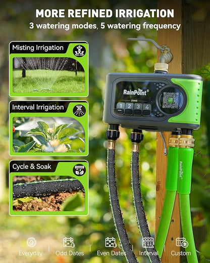 RAINPOINT WiFi Sprinkler Timer 4 Zone, Outdoor Smart Water Timer for Garden Hose with Brass Inlet&Outlet, Custom Programs via APP/Voice Control for Automatic Watering System Without Hub