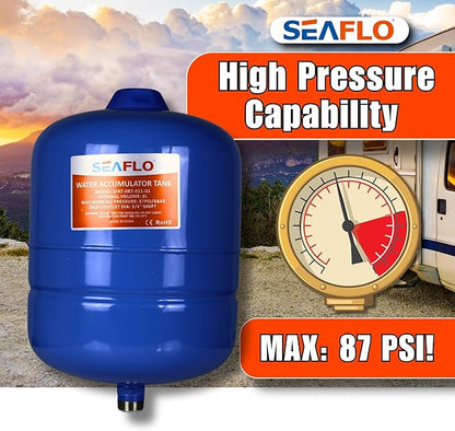 SEAFLO 2 Gallon Pre-Pressurized Accumulator Expansion Tank – Reduces Pump Cycling, Smooth Water Flow, 87 PSI, 3/4" MNPT, Compact Design for RV, Marine, Boat & Off-Grid Systems – 4-Year Warranty