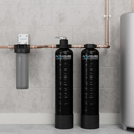 Aquasure Serene Lite 800K Gallons Whole House Salt-Free Water Conditioner/Descaler Bundle with Pleated Sediment Filter and GAC/KDF55 Treatment System for 1-3 Bathrooms | Removes 99% of Contaminants