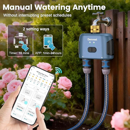 WiFi Water Timer for Garden Hose with Brass Inlet,Smart Hose Timer with WiFi Hub, APP & Voice Control,Up to 20 Watering Plans, 2-Zone Sprinkler Drip Irrigation System Controller for Yard Lawn Watering
