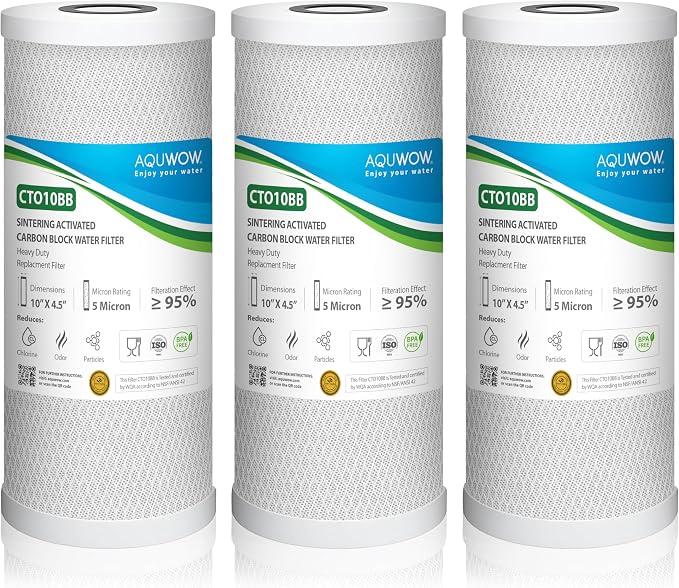 CTO10BB 5 Micron 4.5" x 10" Carbon Block Water Filter Set – Replacement Cartridges for Whole House and Under Sink Systems, Universal Standard Size (3, 10 x 4.5)