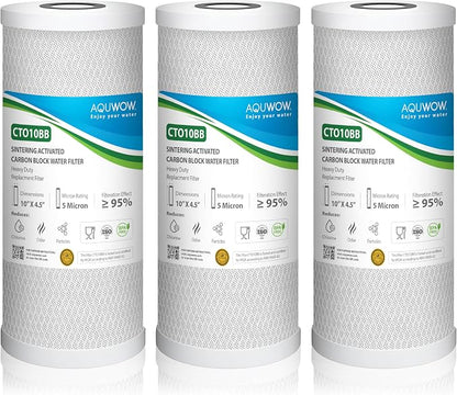 CTO10BB 5 Micron 4.5" x 10" Carbon Block Water Filter Set – Replacement Cartridges for Whole House and Under Sink Systems, Universal Standard Size (3, 10 x 4.5)