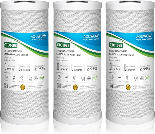CTO10BB 5 Micron 4.5" x 10" Carbon Block Water Filter Set – Replacement Cartridges for Whole House and Under Sink Systems, Universal Standard Size (3, 10 x 4.5)