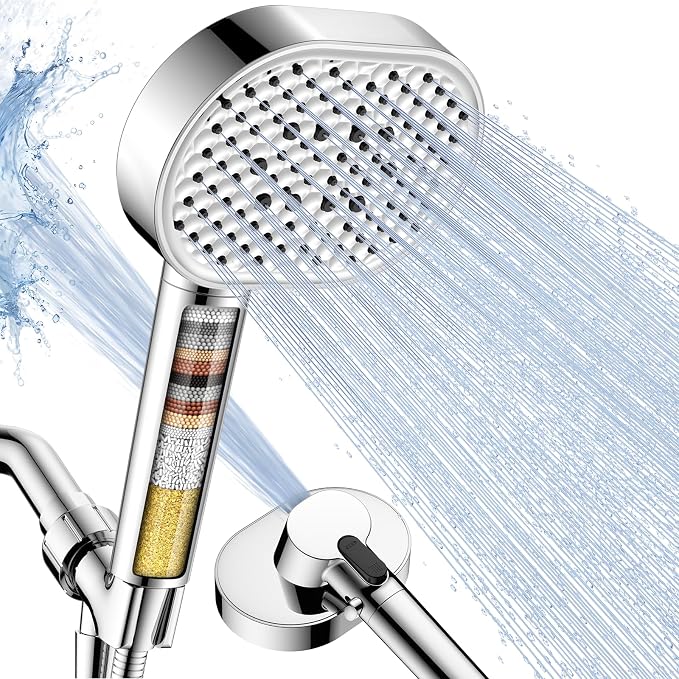 Vatex Filtered Shower Head with Handheld, High Pressure 4 Spray Shower Heads with Filters, Anti-clog Silicone Nozzles for Hard Water Showerhead, Built-in Power Wash to Clean Tub/Tile/Pets