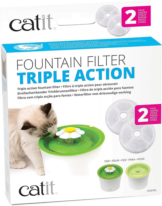Catit Triple Action Replacement Original Water Fountain Filters, 2 Pack – Official Replacement Filters for Catit Cat Drinking Water Fountains