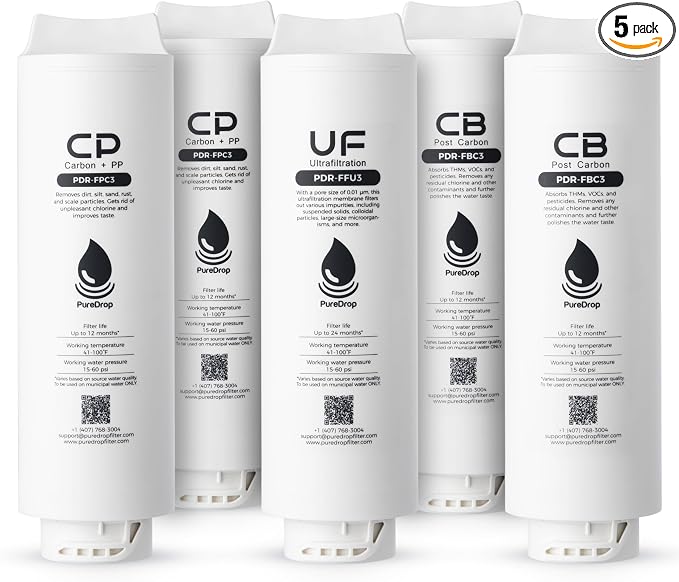 PureDrop PDR-F5-3CUW 2-Year Replacement Filter Cartridges for PDR-3CUW Ultra-Filtration Under Sink Water Filter System
