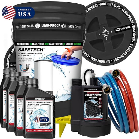 Safetech Tankless Water Heater Flushing Kit with 5-Gallon Screw-Top Lid, Premium Hoses, 1/6 HP Utility Pump, 4 Quarts Descaler, and Pump Grate