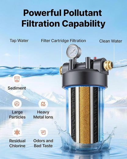 VEVOR RV Water Filter System for Campers, RVs & Travel Trailers, 4.5 x 10 in 0.5-Micron Filter with Cartridge & Bracket, Reduces Sediment, Chlorine, Taste & Odors