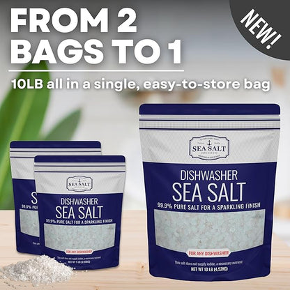 Dishwasher Salt, Natural Water Softener, Food Grade Coarse Sea Salt Compatible with Miele, Thermador, Whirlpool, & Bosch Dishwasher 10 lb