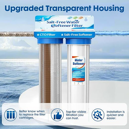 Salt Free Whole Home Water Filtration System,3/4" FNPT Salt Free Water Softener Alternative, 0.5 Micron Filtration Reduce Chlorine, Chemical & Odors Prevent Water Scale Buildup,Protect Appliances