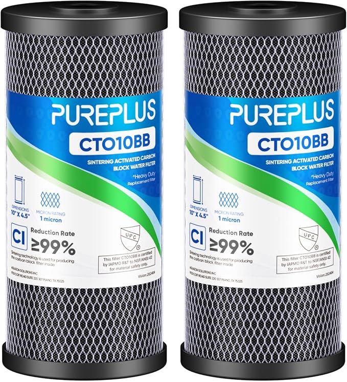 PUREPLUS 1 Micron Coconut Shell Water Filter Cartridge | Activated Carbon Block CTO | Universal Whole House 10 inch Cartridge | Compatible with WFHDC8001, CB-BB-10, EPM, EP-BB, 2Pack