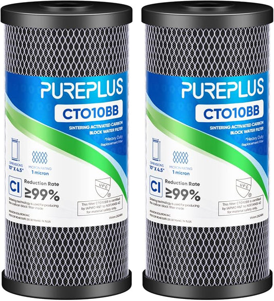 PUREPLUS 1 Micron Coconut Shell Water Filter Cartridge | Activated Carbon Block CTO | Universal Whole House 10 inch Cartridge | Compatible with WFHDC8001, CB-BB-10, EPM, EP-BB, 2Pack