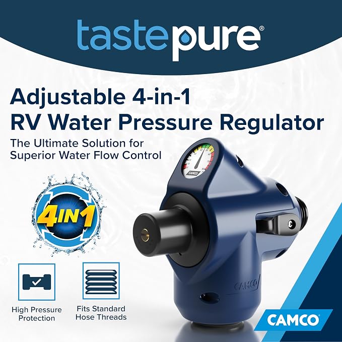 Camco Tastepure 4-in-1 Adjustable RV Water Pressure Regulator - Combines a 90° RV Hose Elbow Design, Pressure Gauge, Adjustable Regulator, & Shut-Off Valve in One RV Accessory (40065) | Combines 90 degree elbow, gauge, regulator and shutoff valve, fits...