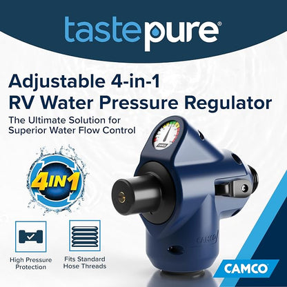 Camco Tastepure 4-in-1 Adjustable RV Water Pressure Regulator - Combines a 90° RV Hose Elbow Design, Pressure Gauge, Adjustable Regulator, & Shut-Off Valve in One RV Accessory (40065) | Combines 90 degree elbow, gauge, regulator and shutoff valve, fits...