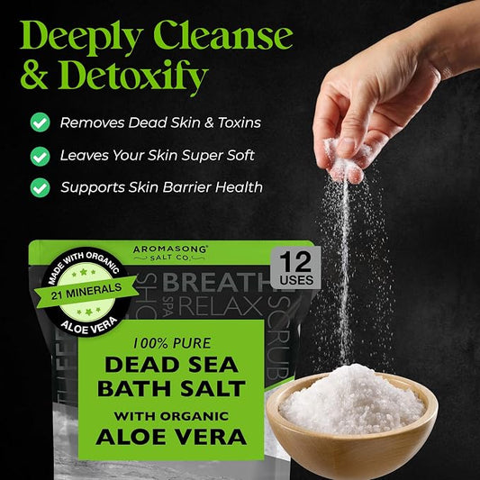 Aromasong Dead Sea Salt with Organic Aloe Vera, Spa Bath Salts, 5 Lbs Fine Bulk resealable Pack, 100% Pure & Natural, Soak for Women & Men for Tired Muscles & Skin Issues (Packaging May Vary)