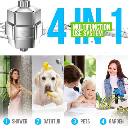 AquaHomeGroup 20 Stage Shower Filter - Reduces Chlorine, Heavy Metals and Sediment - Vitamin C and E - High Output - Universal Fit - Chrome