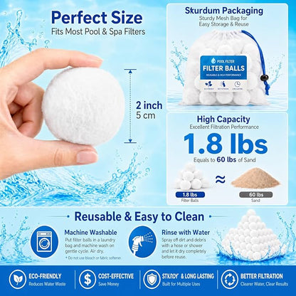 1.8 LBs Pool Filter Balls for Sand Filter, Reusable Pool Sand Filter Balls, Eco-Friendly Pool Filter Media Balls for Swimming Pool, Aquarium Tank (Equals 60 LBs Pool Filter Sand, White)