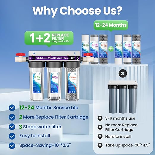 Whole House Water Filter System, 3-Stage Home Water Filtration System, Extra 2 Sets of Filters, 1.5-2 Years Filter Life, Reduce Chlorine Sediment Taste, 3/4" Ports with 2 Valves, for Well & City Water