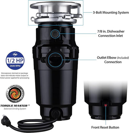 Waste Maid 10-US-WM-158-3B Garbage Disposal Anti-Jam Stainless Steel Food Waste Grinding System, 1/2 HP Standard, Black