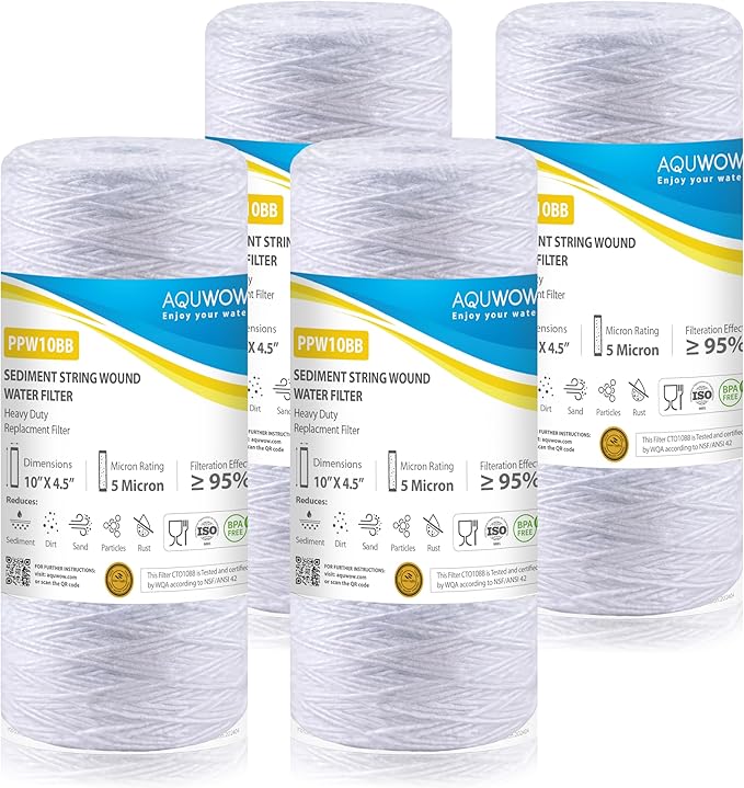 PPW10BB 5 Micron 4.5" x 10" String Wound Sediment Filter Set – Replacement Cartridges for Whole House & Under Sink Systems, Durable Depth Filtration (4, 10 x 4.5)