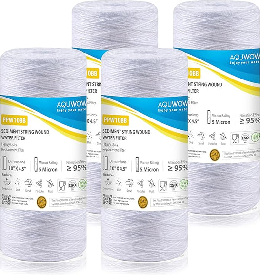 PPW10BB 5 Micron 4.5" x 10" String Wound Sediment Filter Set – Replacement Cartridges for Whole House & Under Sink Systems, Durable Depth Filtration (4, 10 x 4.5)
