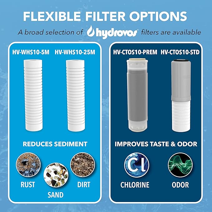 HYDROVOS 10-Inch Water Filter Housing for 10" x 2.5" Whole House Water Filtration System, NSF Certified, 3/4” Ports, Pressure Relief Button, Reduces Sediment, Rust and More, Filter Not Included