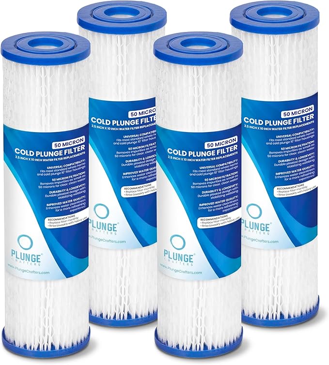 Cold Plunge Water Filter Cartridges, 50 Micron Sediment Filters for Ice Bath & Cold Plunge Tubs, Universal 10” x 2.5” Water Filter Replacements, Under Sink & Whole House Systems, 4-Pack