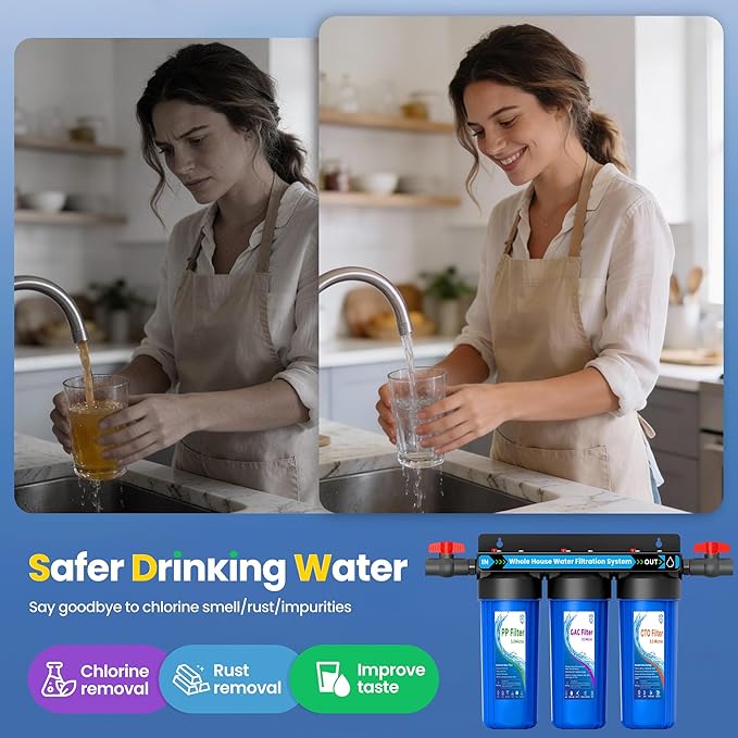 Whole House Water Filter System, Extra 2 Sets Filter, 3 Stage Home Water Filtration System Reduces Chlorine, Sediment, Odor for Healthier Skin, with 2 Valves, 3/4" Ports, for 1-2 Year Use