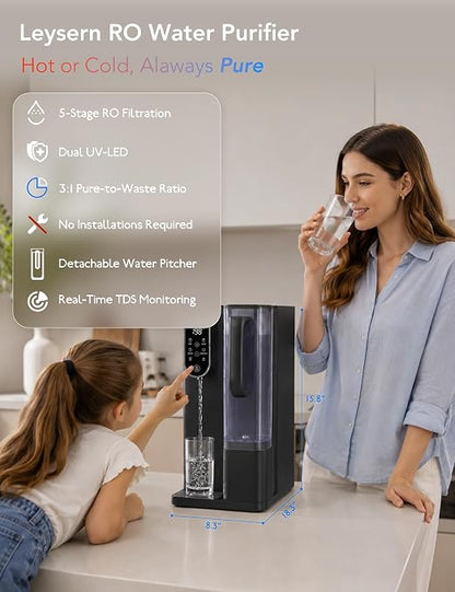 Leysern Hot & Cold Countertop Reverse Osmosis Water Filter, No Installation | 7-Stage RO Filtration with UV, Dual-Thermoelectric Cooling, Water Purifier with TDS Monitor, NSF 372 Certified, Black