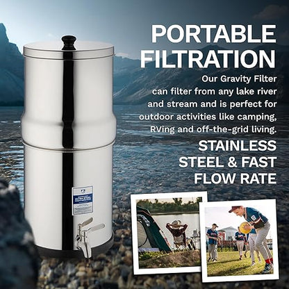 Survivor Filter Ultra Gravity Water Filter System - Stainless Steel Countertop Gravity Fed Water Filter with Stand, 2.25 Gallon, for Home and Outdoors - Removes Bacteria, Viruses, and Parasites